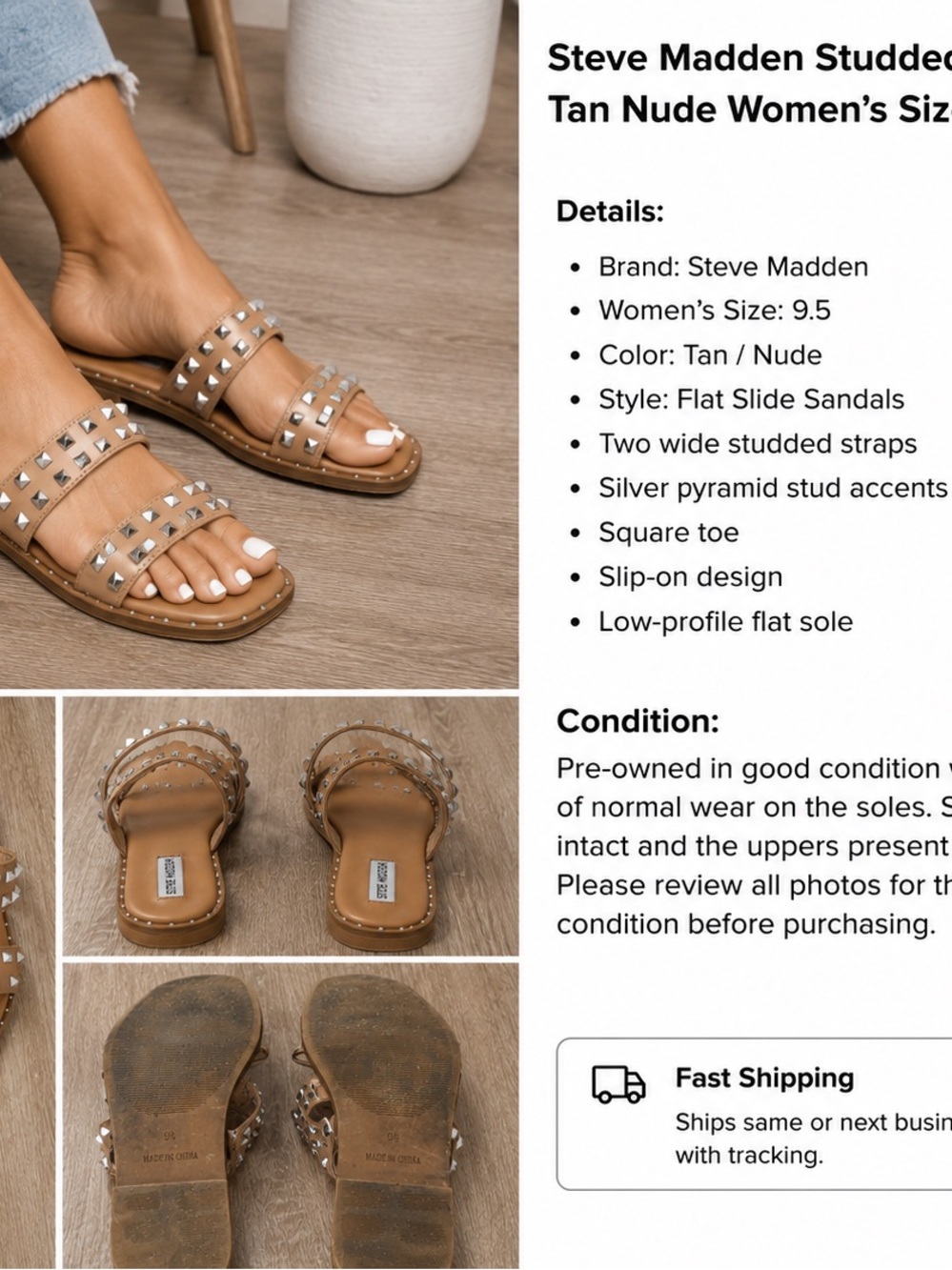 Steve Madden Studded Slide Sandals Tan Nude Women’s Size 9.5 Flat Slip On